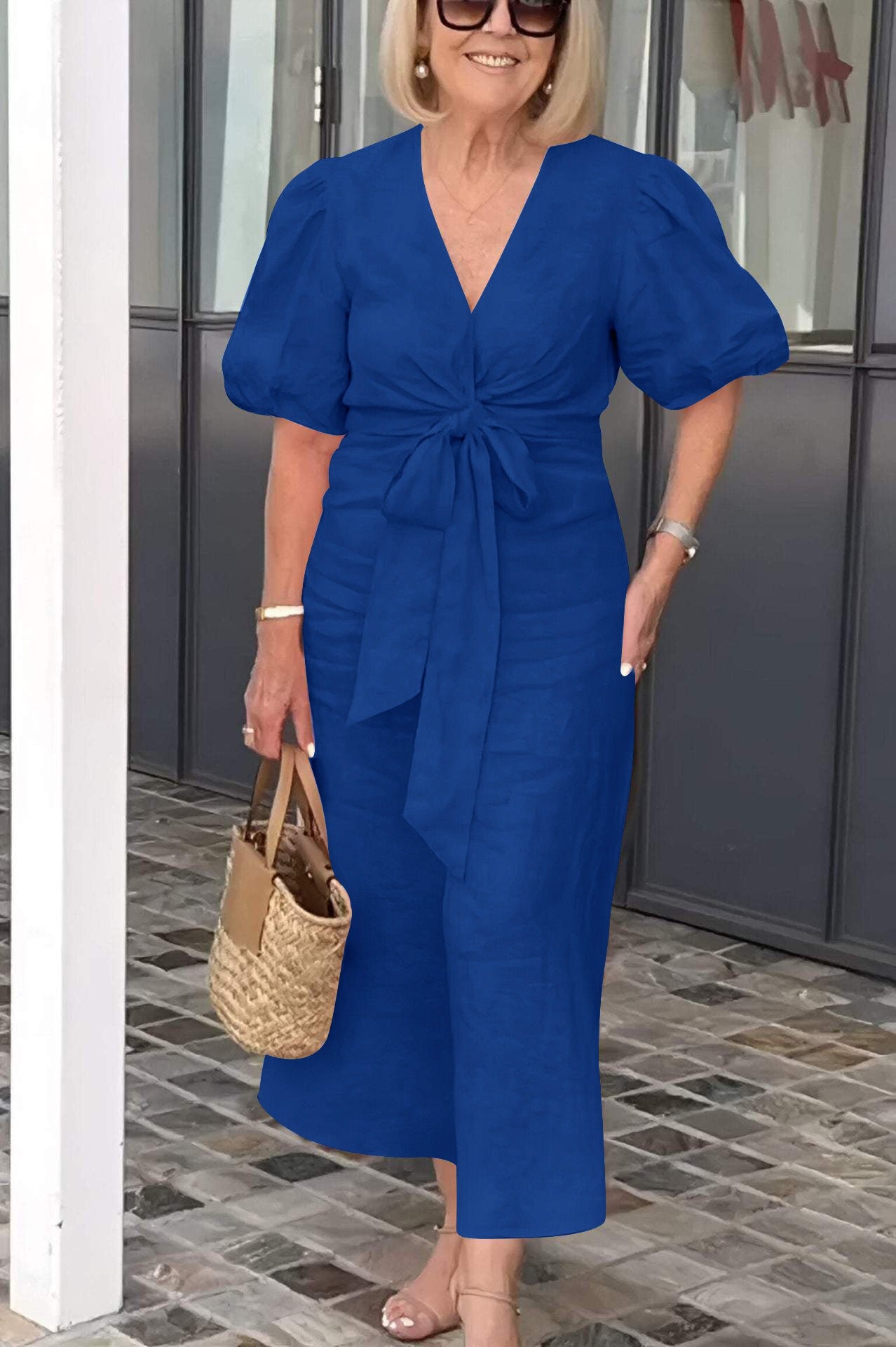 Dress for Women – Midi Length – V-Neck – Waist Tie – Puff Sleeves – Cotton