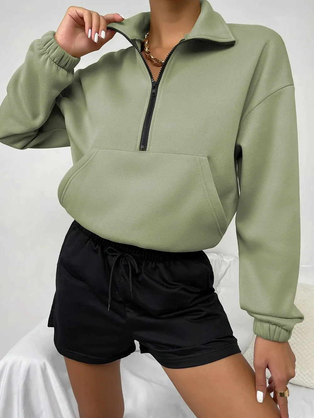 Women's Sweater – Loose Fit – Fleece Lined – High Neck with Zipper – Kangaroo Pocket