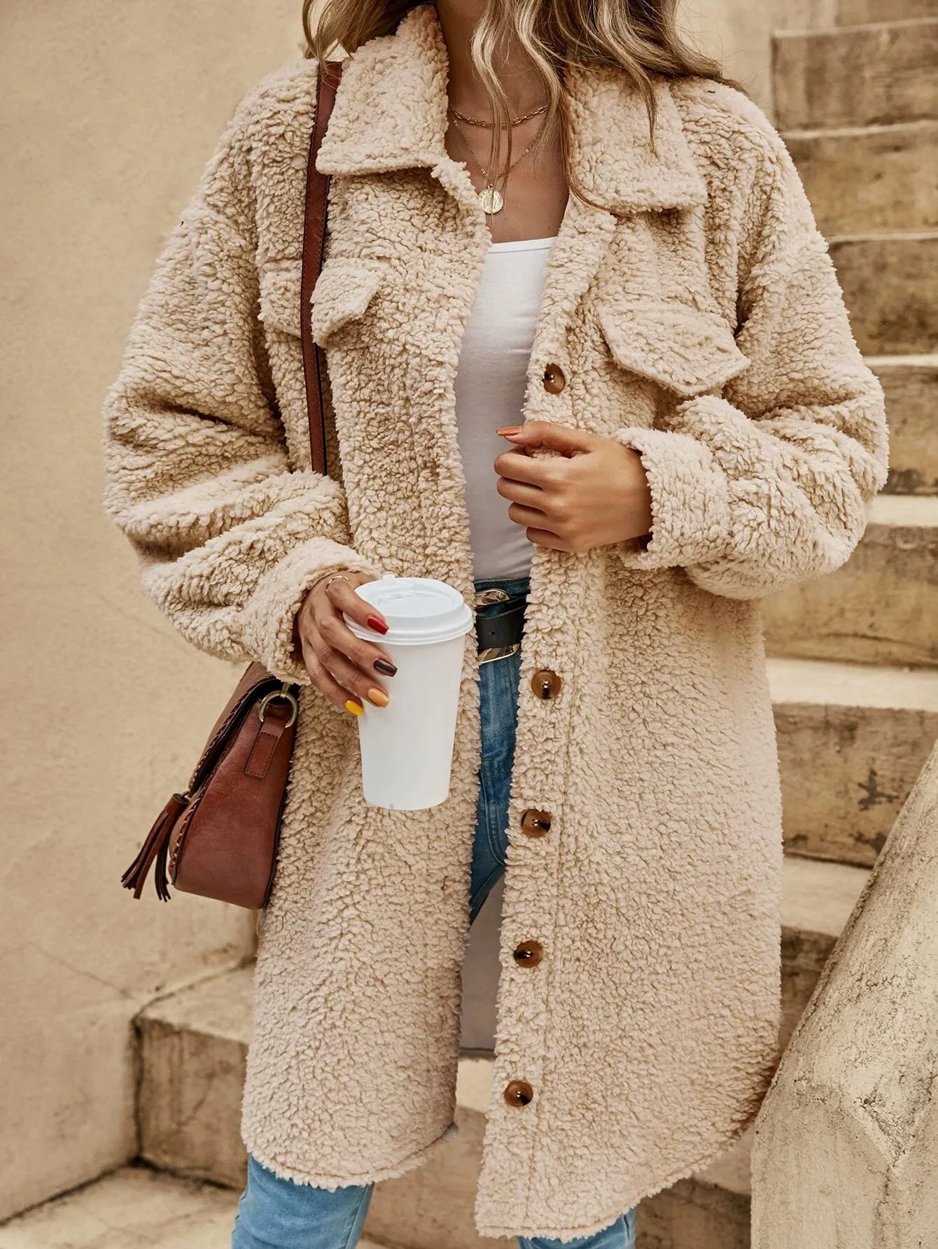 Women's Coat – Oversized Fit – Soft Texture – Knee Length – Flap Chest Pockets