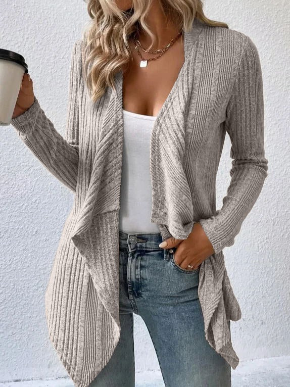Women's Cardigan – Wool Blend – Relaxed Fit – Ribbed Knit – Open Draped Front
