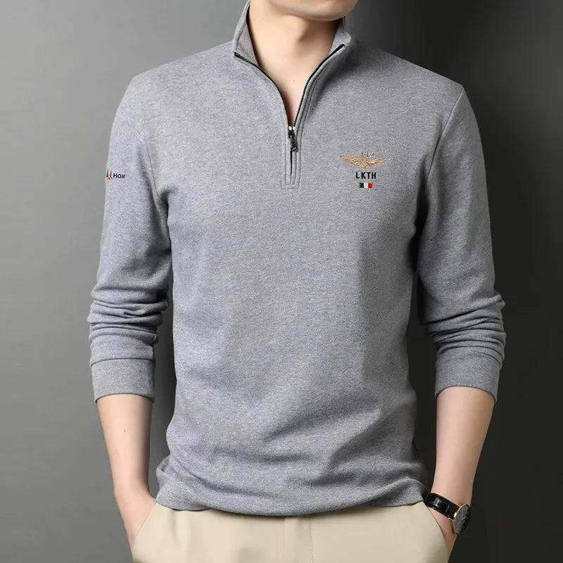 Men's Long Sleeve T-Shirt – Slim Fit – Cotton – Half Zipper – Embroidered Detail
