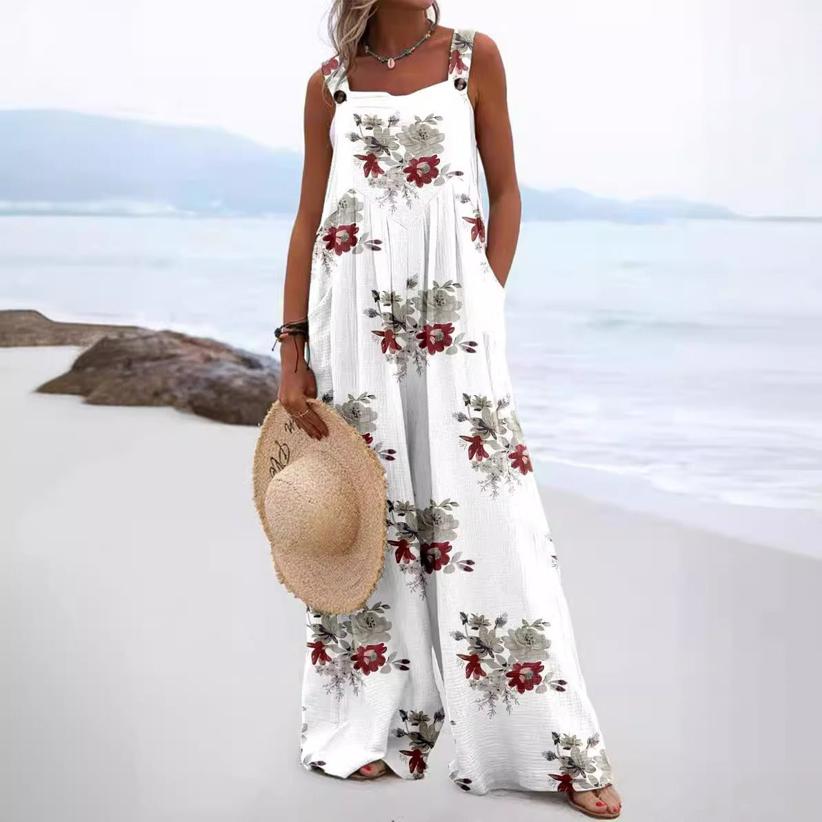 Women's jumpsuit – relaxed fit – wide legs – sleeveless – cotton feel – pockets