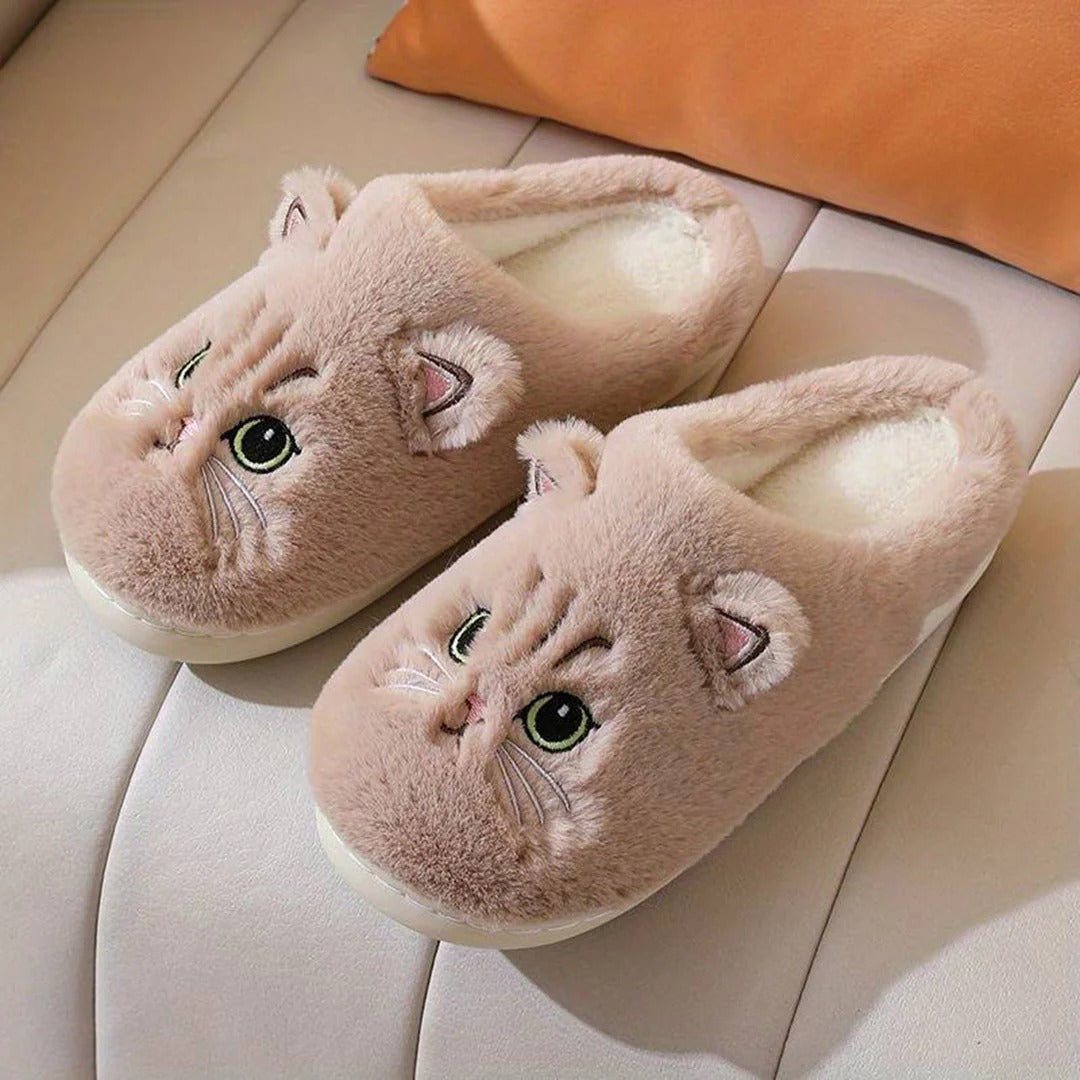 Women's Slippers – Ankle-High Fit – Soft Fleece – Embroidered Cat Face – Indoor Comfort