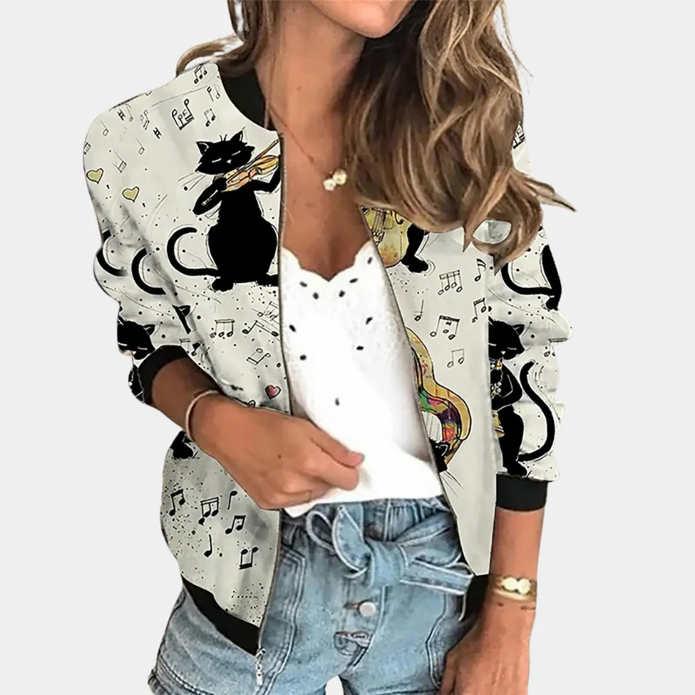Women's Bomber Jacket – Relaxed Fit – Lightweight Fabric – Rib Knit – Floral Pattern