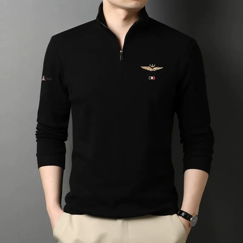 Men's Long Sleeve T-Shirt – Slim Fit – Cotton – Half Zipper – Embroidered Detail