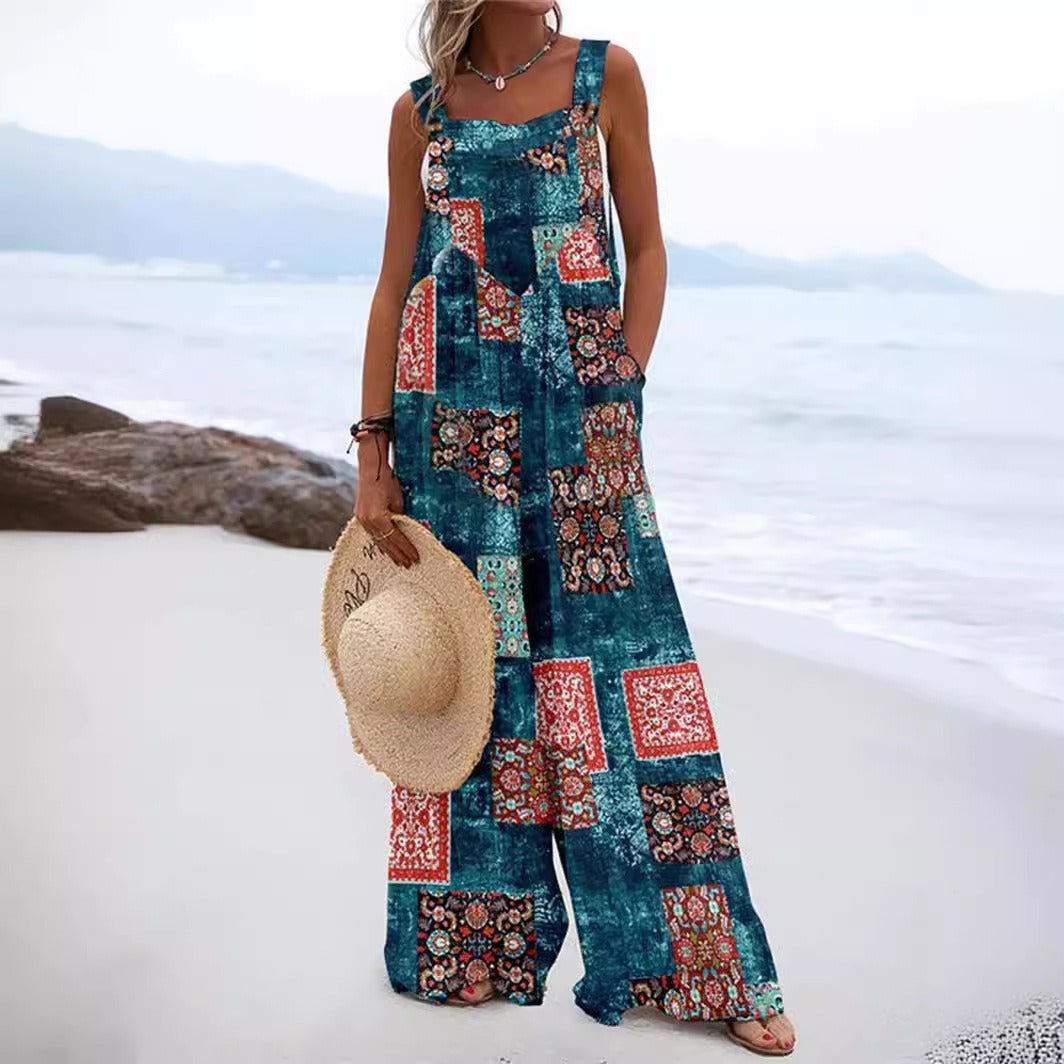 Women's jumpsuit – relaxed fit – wide legs – sleeveless – cotton feel – pockets