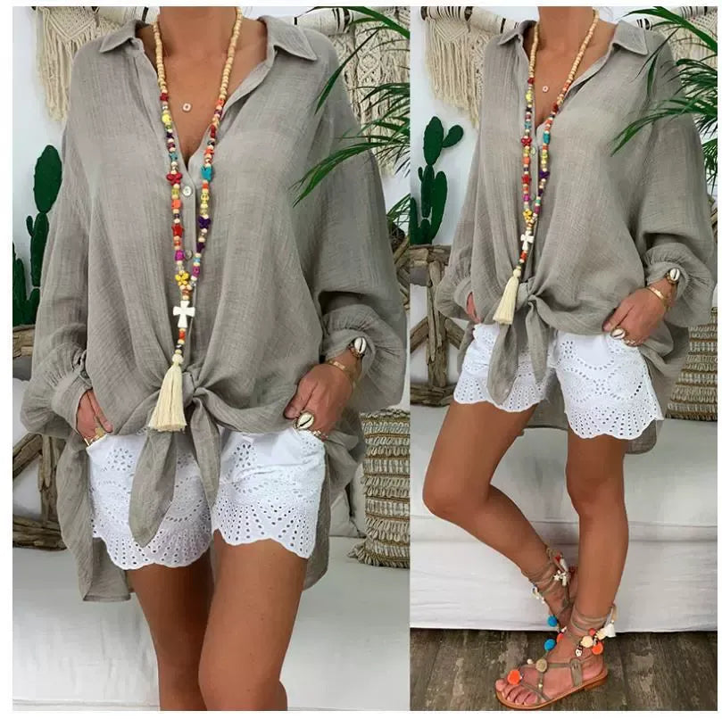 Women's blouse with long sleeves – Oversized fit – Linen and cotton – Relaxed style