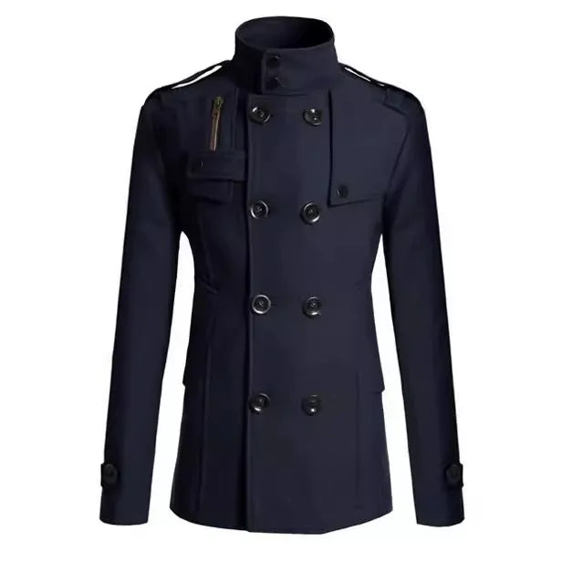 Men's Coat – Wool – Slim Fit – Double-Breasted – Military Style – Mid-Length