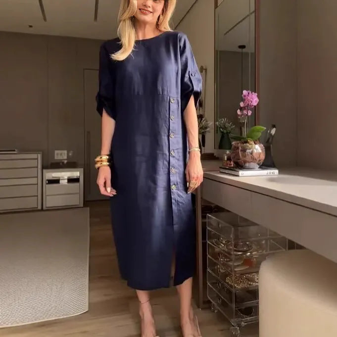 Women's Midi Dress – Relaxed Fit – Linen Cotton – Short Sleeves – Side Buttons