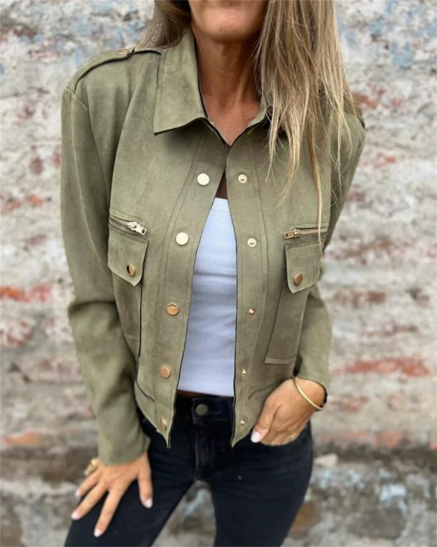 Women's Jacket – Suede Texture – Structured Fit – Zipper Pockets – Short Length