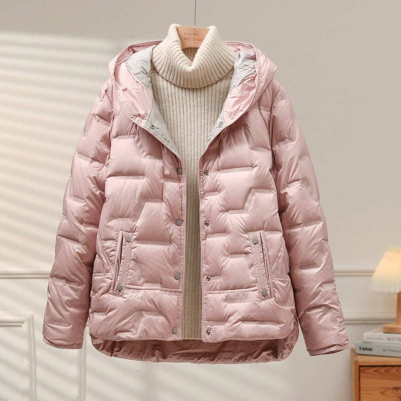 Women’s Jacket - Quilted - Woven Fabric - Attached Hood - Snap Button Closure