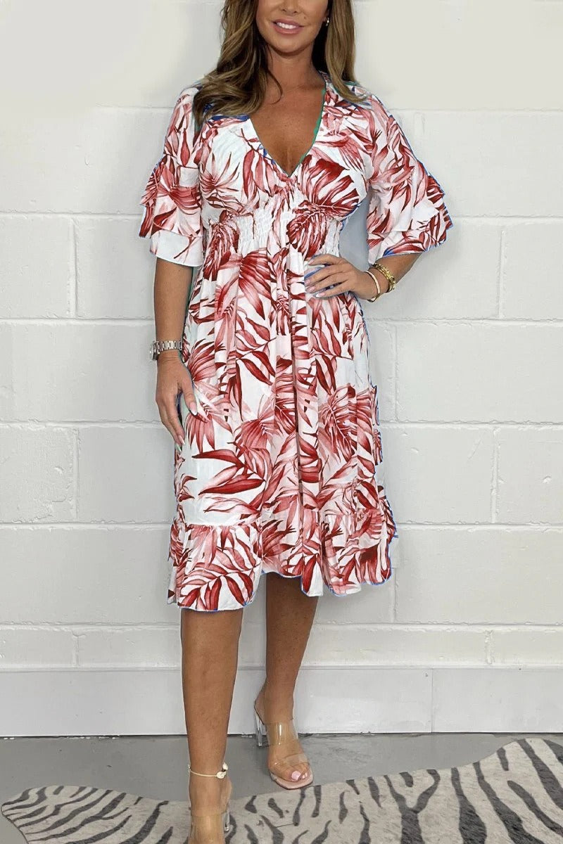 Dress for Women – Midi Length – Loose Fit – High Waist – Floral Print – V-Neck – Ruffle Sleeves