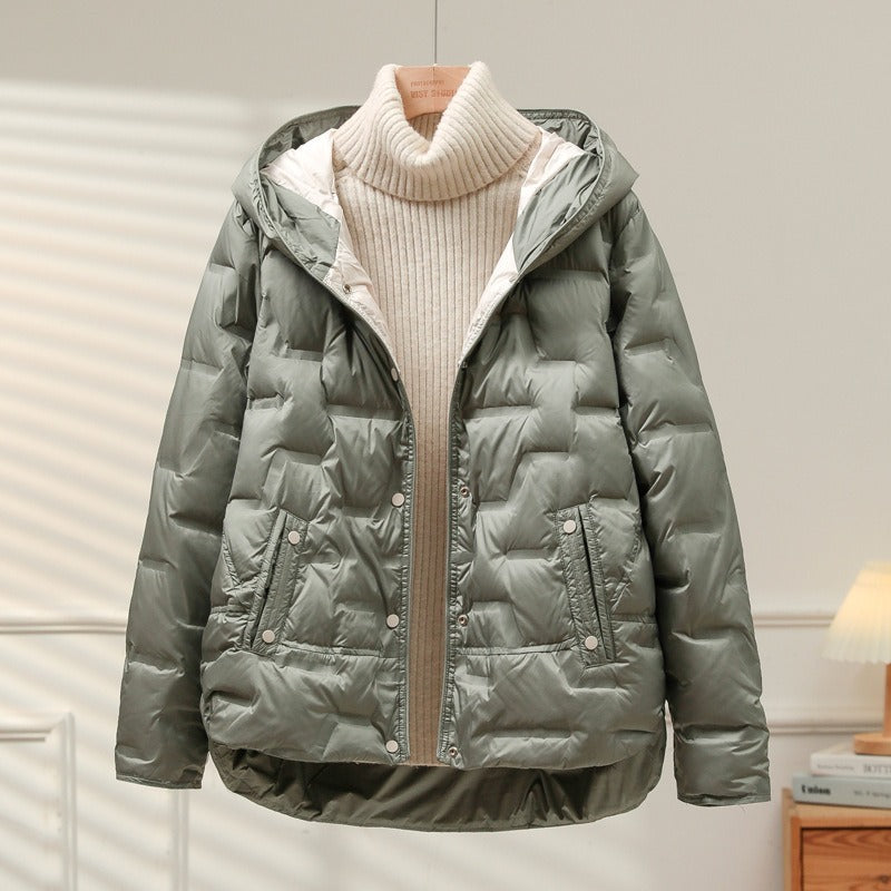 Women’s Jacket - Quilted - Woven Fabric - Attached Hood - Snap Button Closure