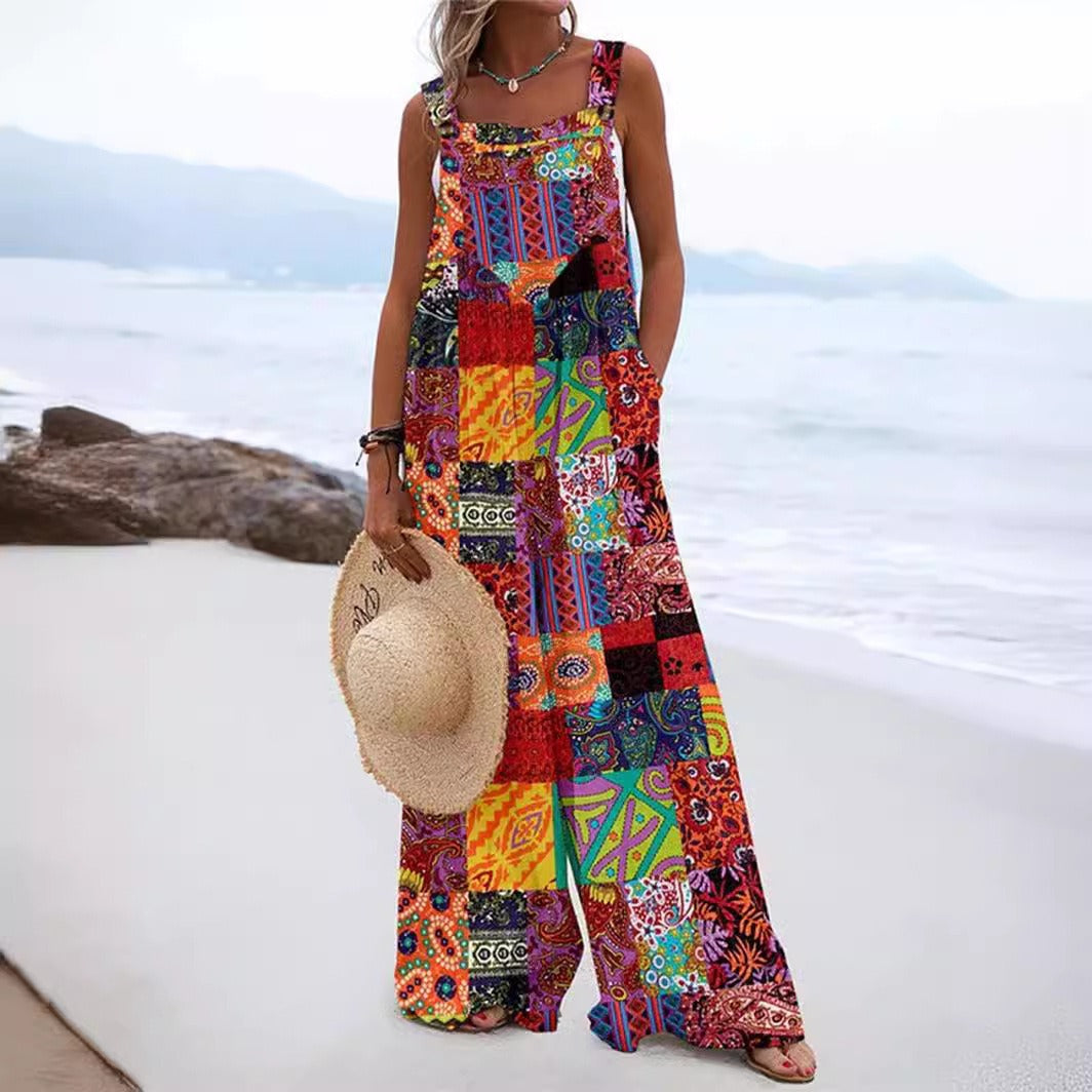 Women's jumpsuit – relaxed fit – wide legs – sleeveless – cotton feel – pockets