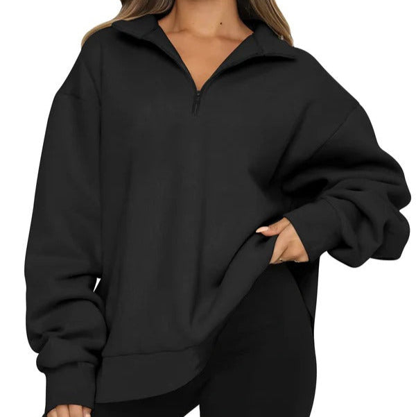 Women's Sweater – Oversized Fit – Soft Cotton – High Neck with Short Zipper