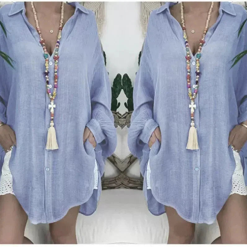 Women's blouse with long sleeves – Oversized fit – Linen and cotton – Relaxed style