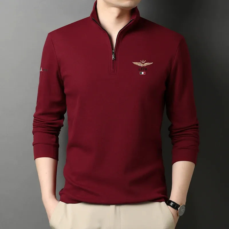 Men's Long Sleeve T-Shirt – Slim Fit – Cotton – Half Zipper – Embroidered Detail