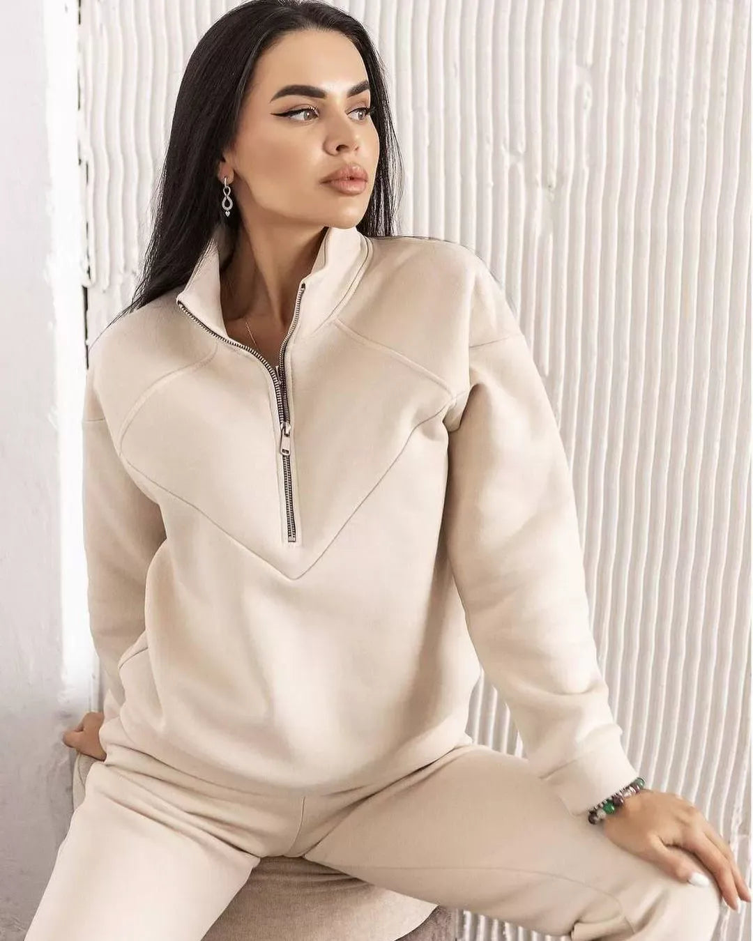 Women's Loungewear Set – Fleece – Relaxed Fit – Hoodie with Half-Zip – Joggers