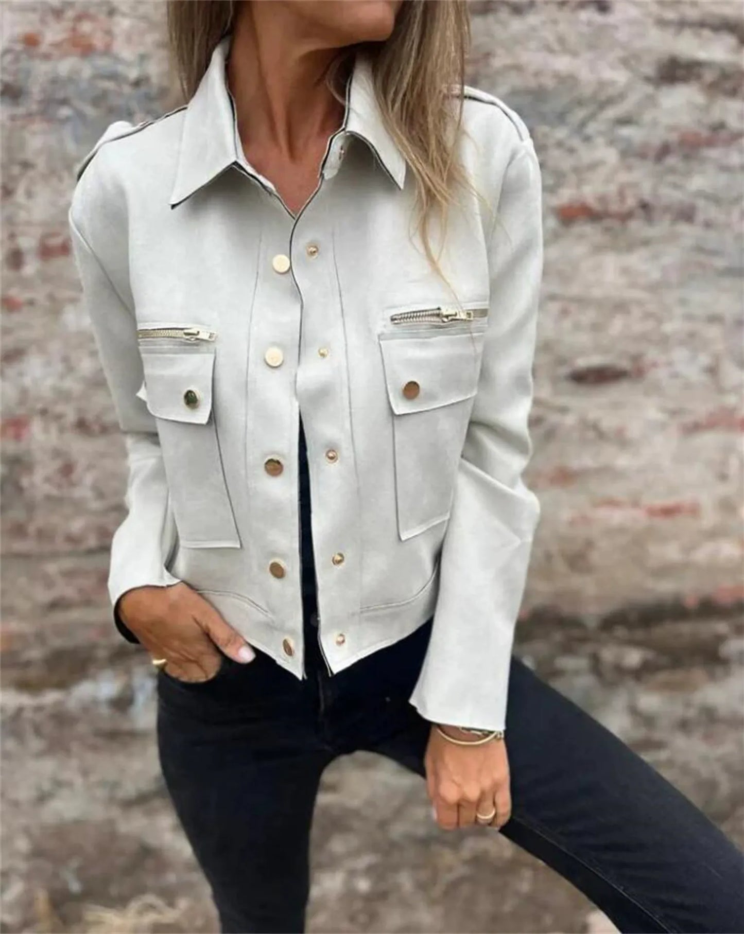 Women's Jacket – Suede Texture – Structured Fit – Zipper Pockets – Short Length