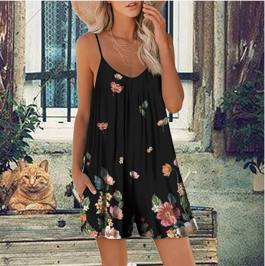 Women's Playsuit – Loose Fit – Spaghetti Straps – Floral Print – With Pockets