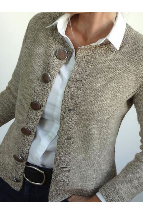 Women's Cardigan Sweater – Slim Fit – Wool Knit – Collarless – Long Sleeves – Buttoning