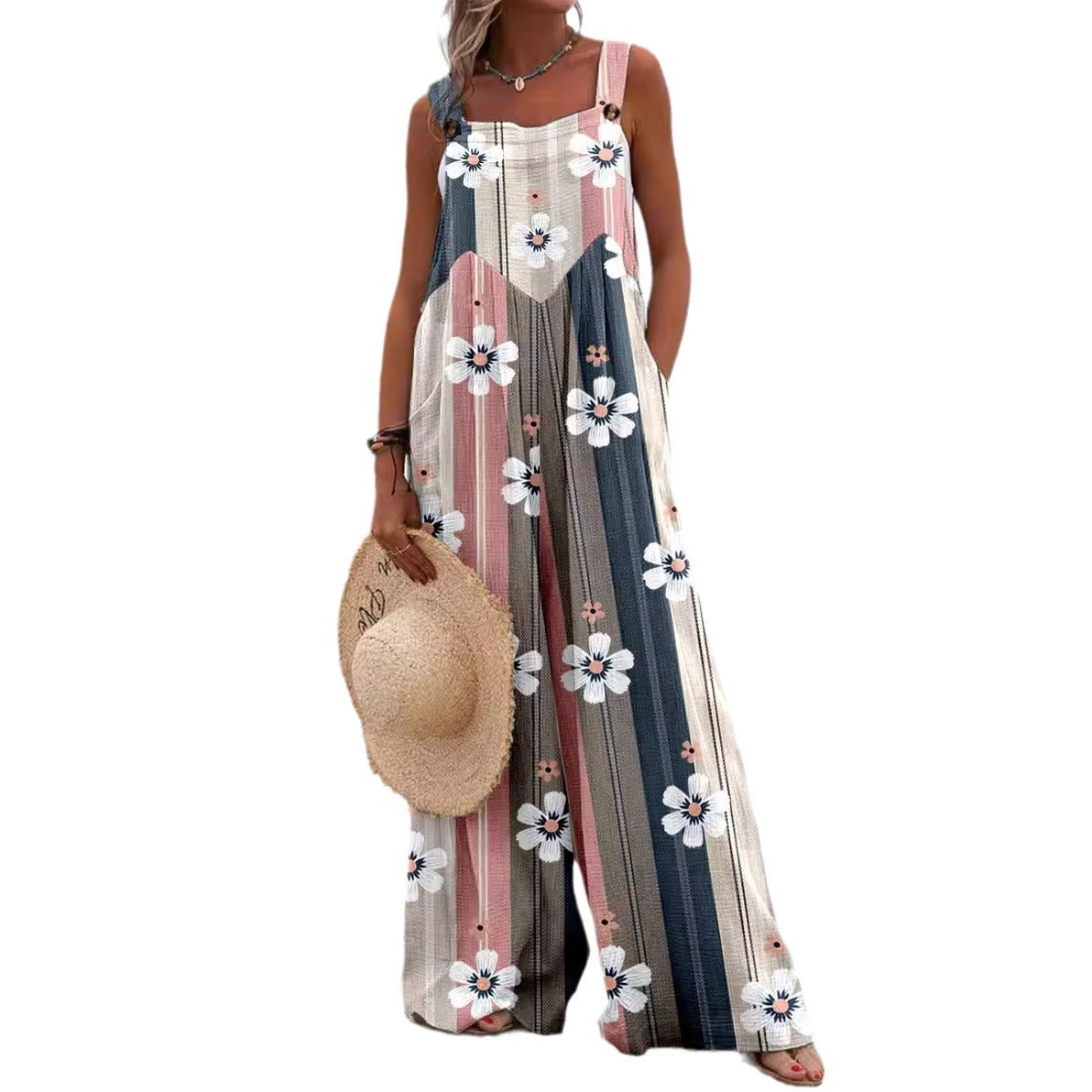 Women's jumpsuit – relaxed fit – wide legs – sleeveless – cotton feel – pockets