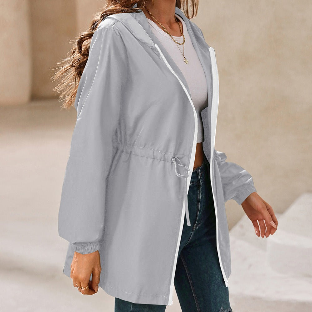 Women's Rain Jacket – Water-Repellent Lightweight Fabric – Adjustable Waist – Hood – Zipper