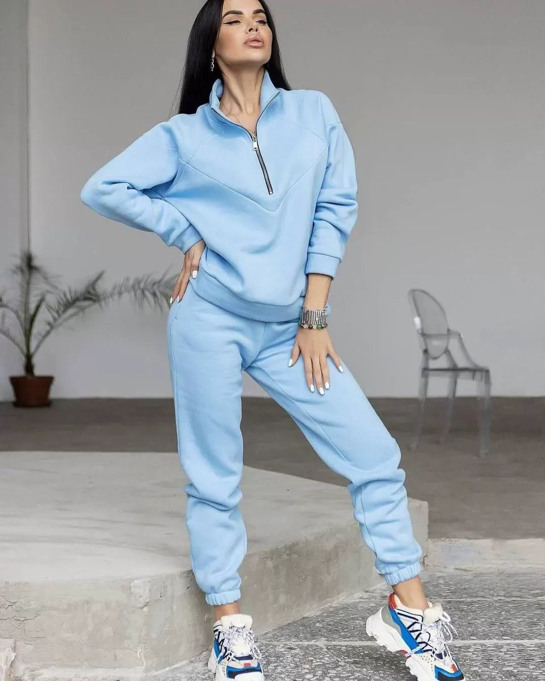 Women's Loungewear Set – Fleece – Relaxed Fit – Hoodie with Half-Zip – Joggers
