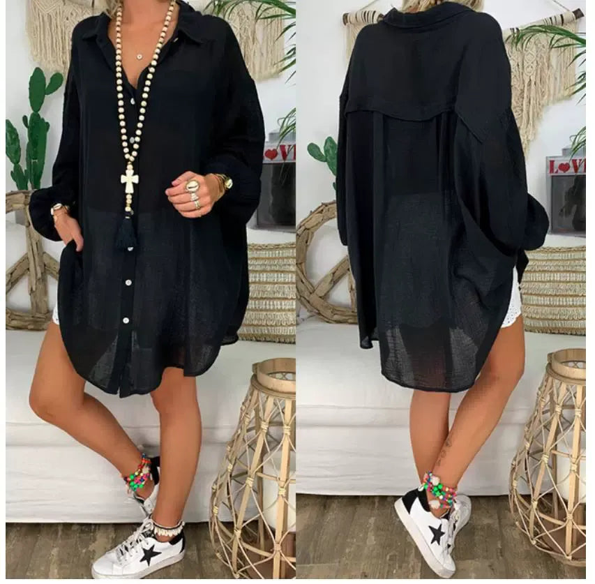 Women's blouse with long sleeves – Oversized fit – Linen and cotton – Relaxed style