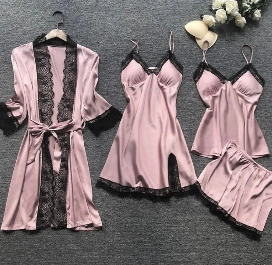 Women's Nightwear Set – Satin Finish – Lace Trim – Relaxed Fit – 4 Pieces