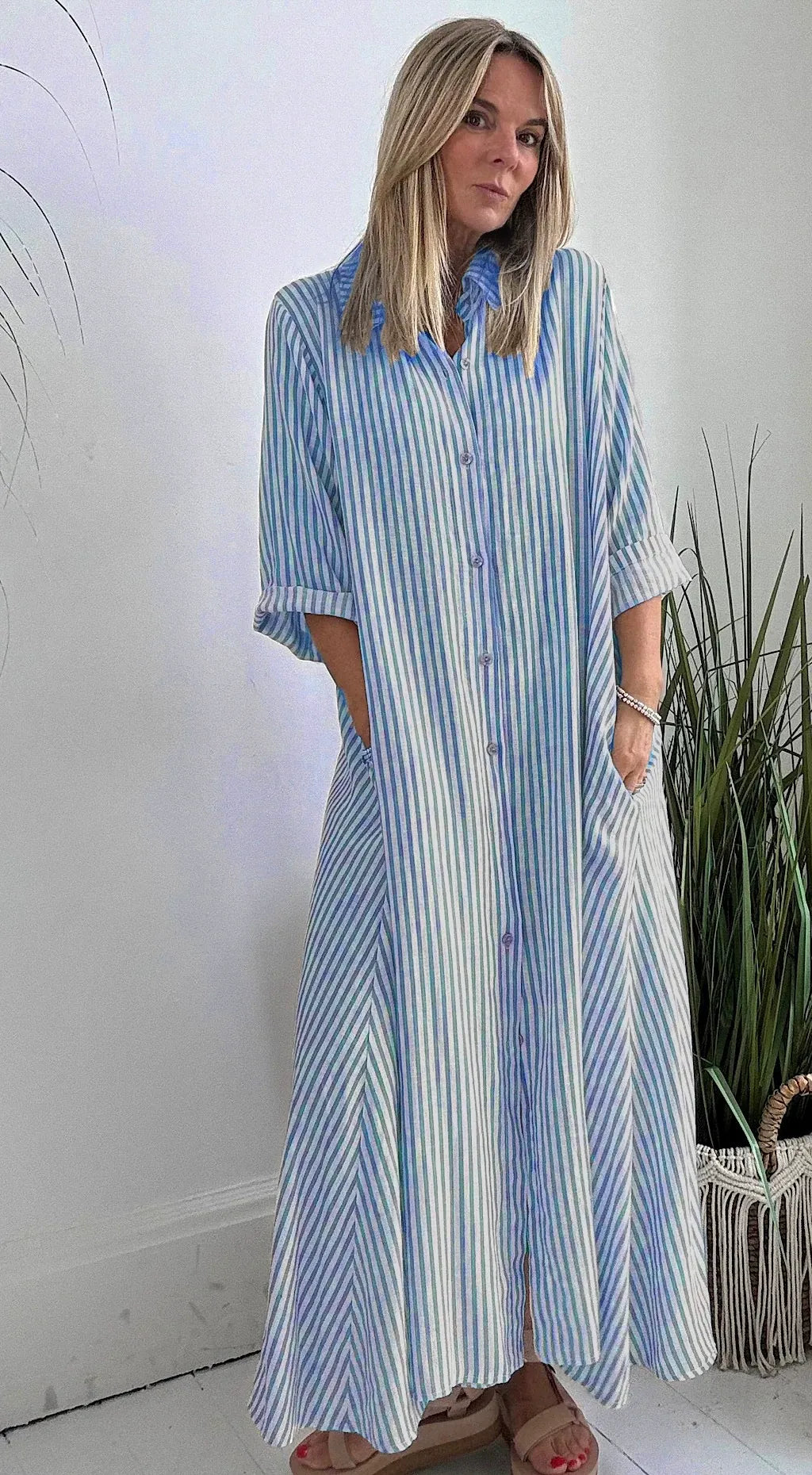 Women's Maxi Dress – Striped – Loose Fit – Button Closure – 3/4 Sleeves – Cotton Blend