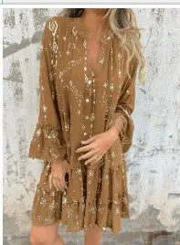 Dress Woman – Flattering Wide Fit – Lace Sleeves – Layered Hem – Metallic Decoration