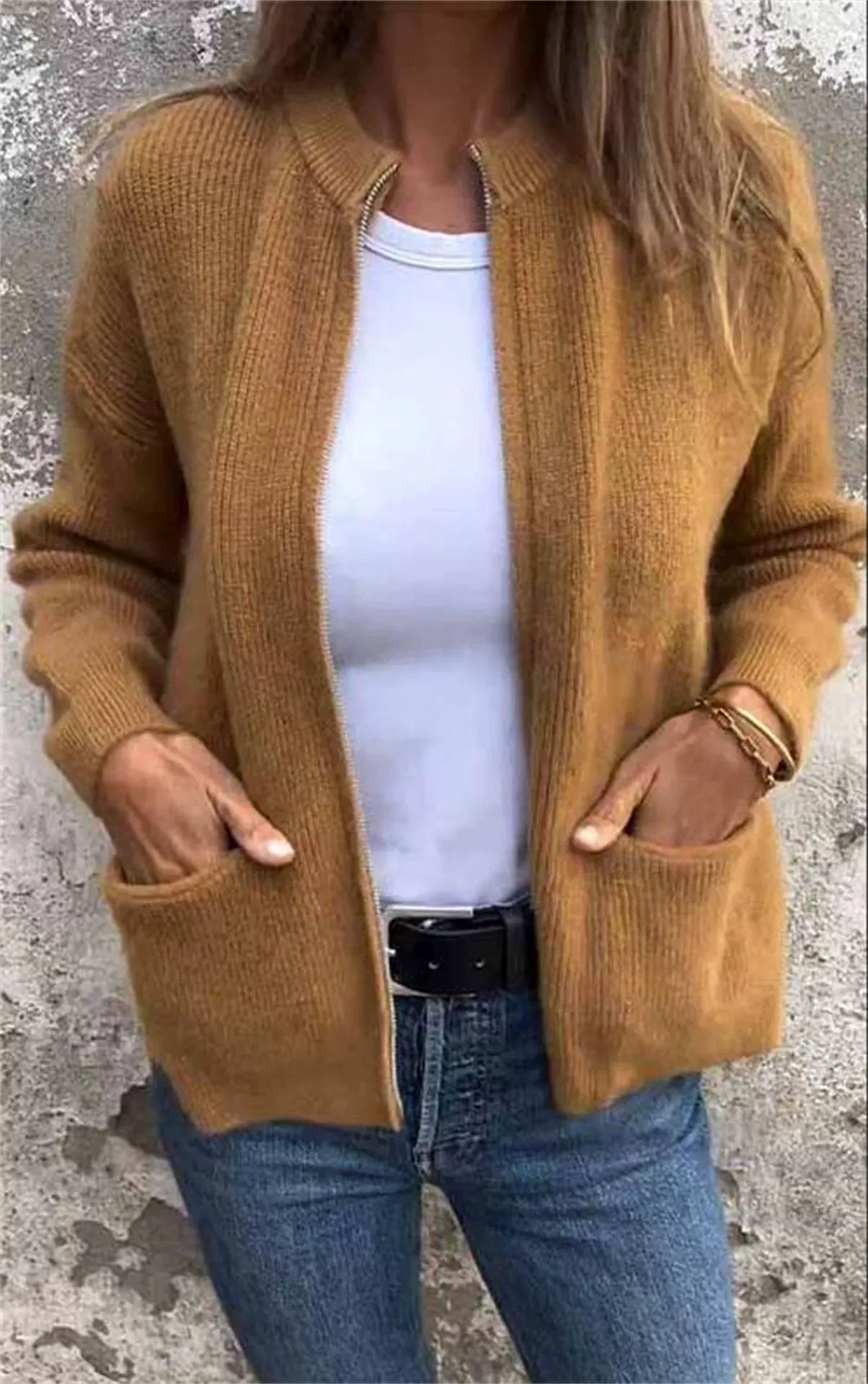 Women's Jacket – Loose Fit – Ribbed Knit – Stand Collar – Zipper – Casual Style