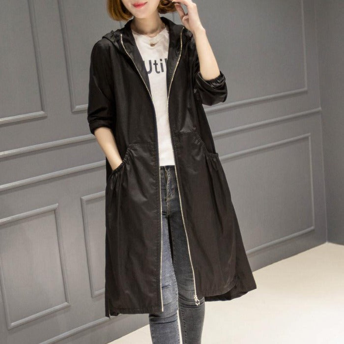 Women's Rain Jacket – Water-Repellent – Hood – Relaxed Fit – Knee-Length – Full Zipper