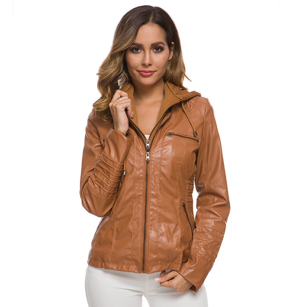 Women's Leather Jacket – Slim Fit – Hood – Zipper Pockets – Quilted Details