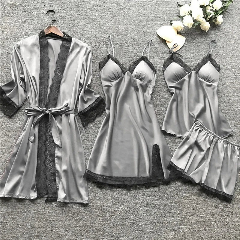 Women's Nightwear Set – Satin Finish – Lace Trim – Relaxed Fit – 4 Pieces