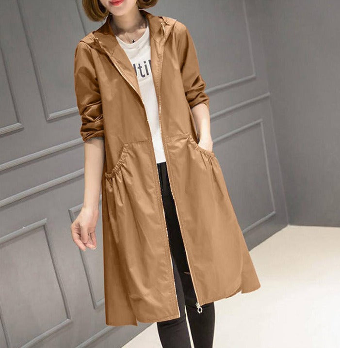 Women's Rain Jacket – Water-Repellent – Hood – Relaxed Fit – Knee-Length – Full Zipper