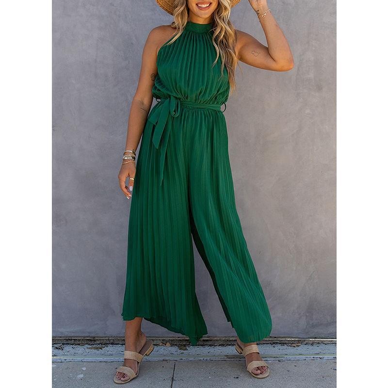 Women's Jumpsuit – Halterneck – Pleated Fabric – Wide Legs – Tie Belt at Waist