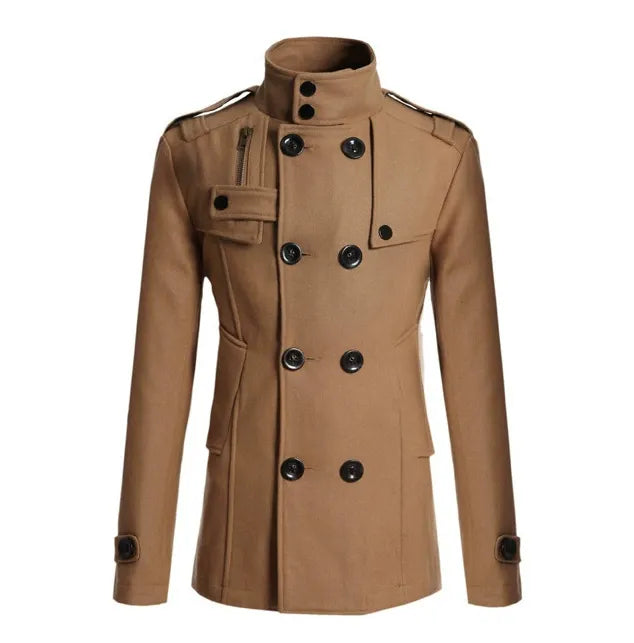 Men's Coat – Wool – Slim Fit – Double-Breasted – Military Style – Mid-Length