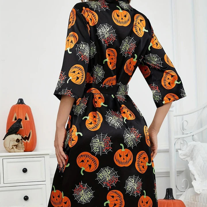 Women's Robe – Satin Finish – Wrap Model – Knee Length – 3/4 Sleeves – Halloween Pattern
