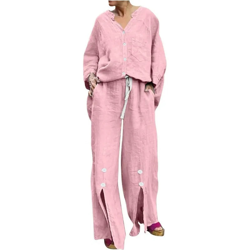 Women's Set with Cardigan and Wide Pants – Relaxed Fit – V-neck – Soft Cotton Blend