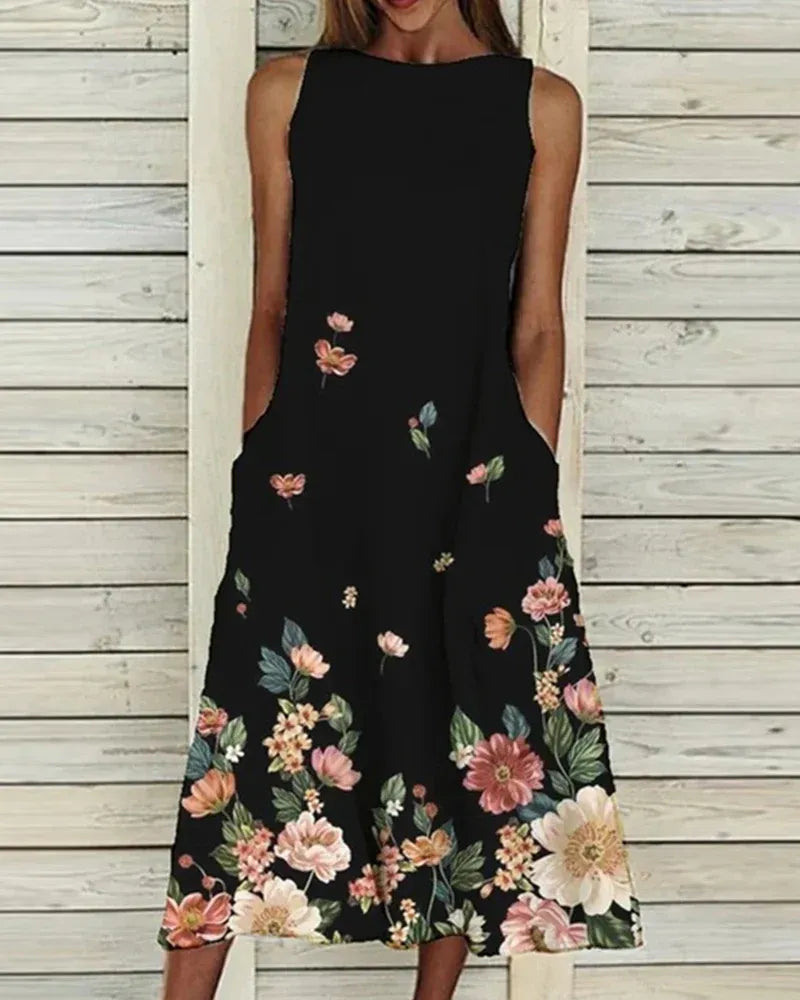Dress for Women – Sleeveless Midi Length – Relaxed Fit – Breathable Fabric – Floral Details