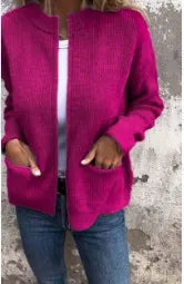 Women's Jacket – Loose Fit – Ribbed Knit – Stand Collar – Zipper – Casual Style