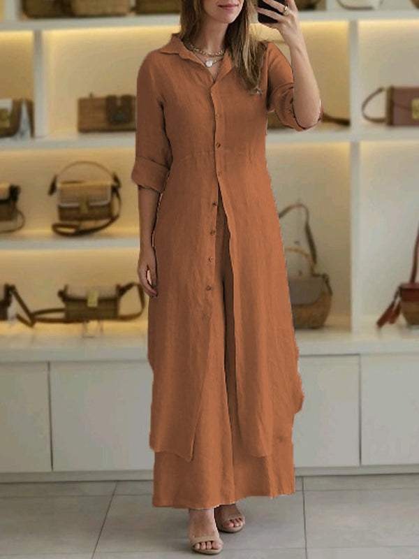 Women's Set with Shirt and Wide Pants – Relaxed Fit – Breathable Cotton
