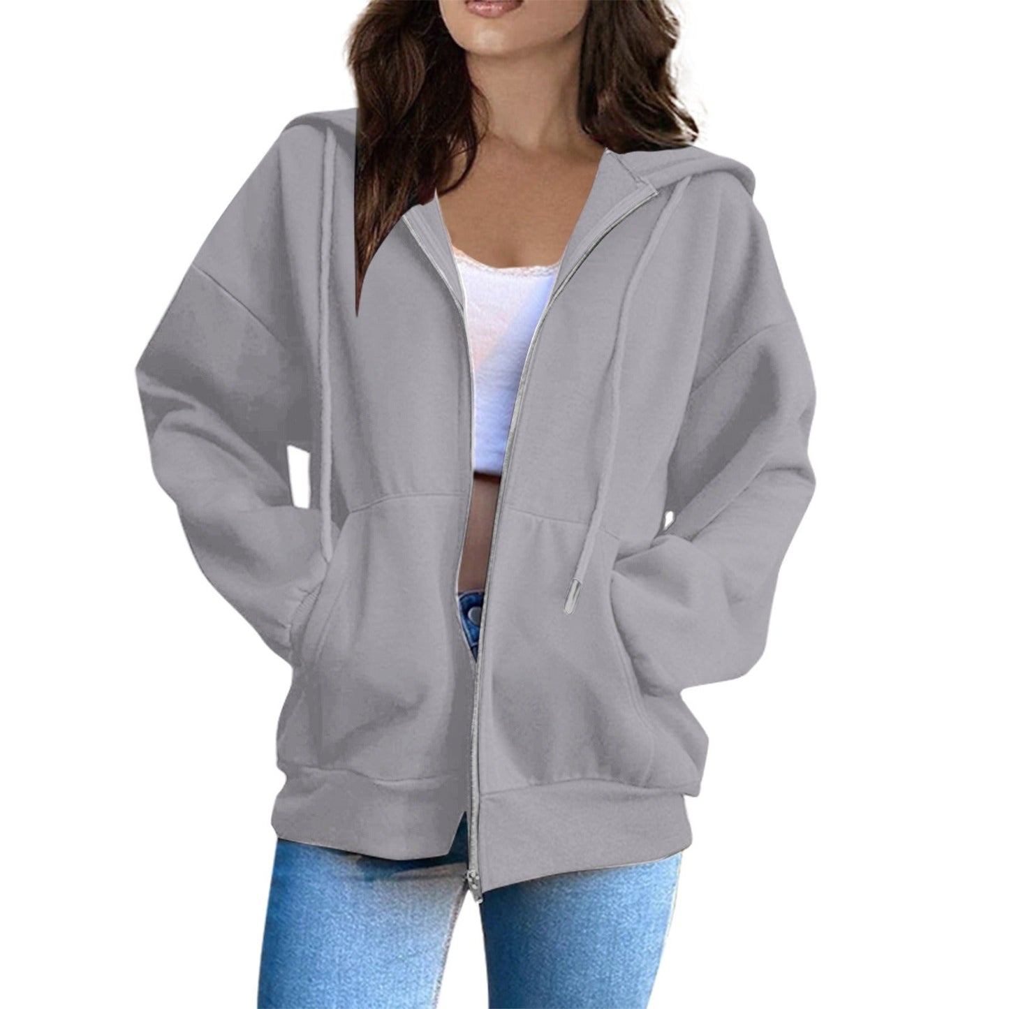 Women's Jacket with Hood – Oversized Fit – Soft Cotton – Zipper and Pockets