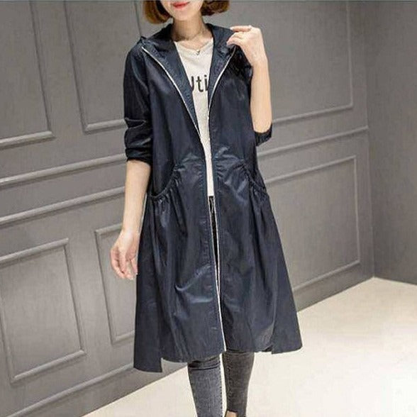 Women's Rain Jacket – Water-Repellent – Hood – Relaxed Fit – Knee-Length – Full Zipper