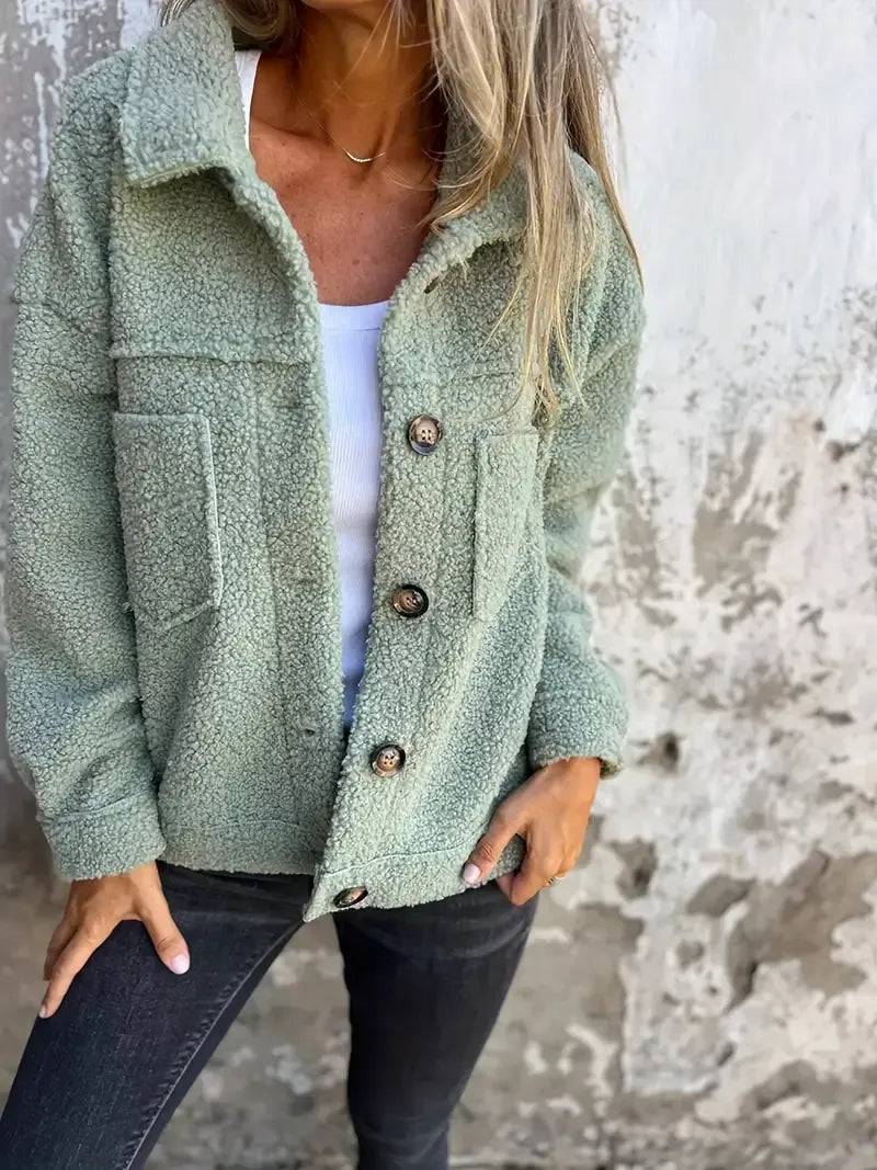 Women's Coat – Oversized Fit – Plush Texture – Button Front – Relaxed Style