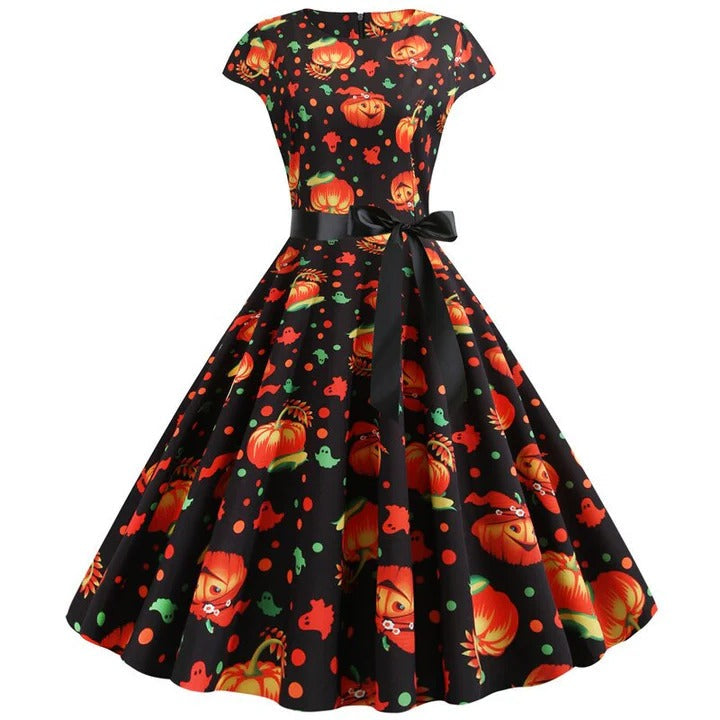 Dress woman – A-line fit – Short sleeve – Belt at the waist – Festive pattern