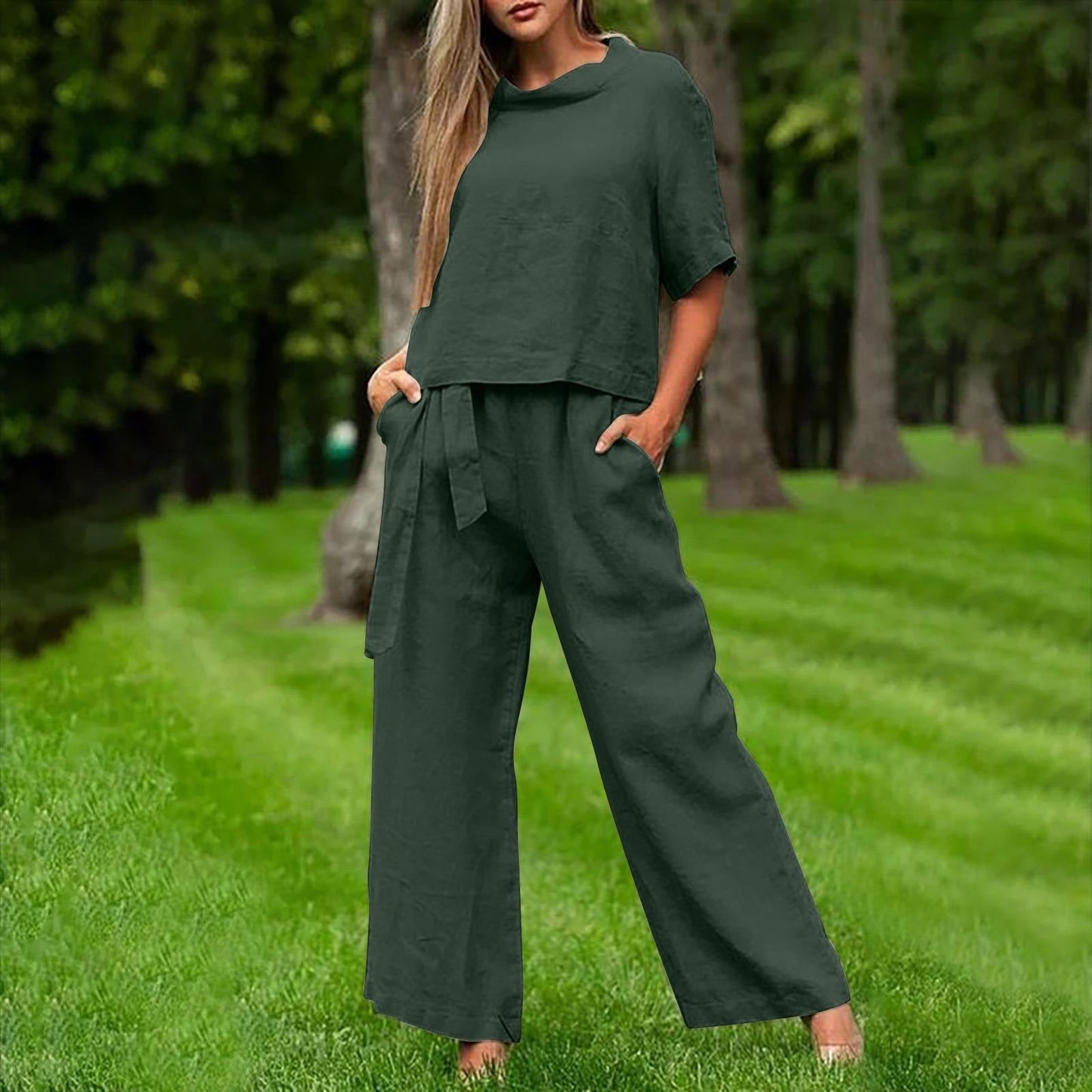 Women's Set with Top and Pants – Relaxed Fit – Wide Pants – Breathable Cotton Feel