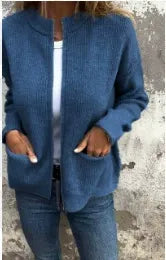 Women's Jacket – Loose Fit – Ribbed Knit – Stand Collar – Zipper – Casual Style